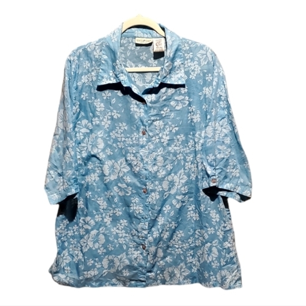 White‎ Stag Nile Blue Floral Button Down Shirt Top Plus Size Women 18-20